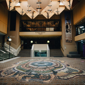 Sera Waters, An Expanse of Eons, 2020-21, hightac vinyl, 7.0 x 5.5 m, installation view at Sir Robert Helpmann Theatre, Mount Gambier 2021. Commissioned by Country Arts SA. Photography by Astyn Reid
