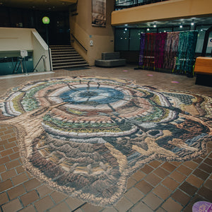 Sera Waters, An Expanse of Eons, 2020-21, hightac vinyl, 7.0 x 5.5 m, installation view at Sir Robert Helpmann Theatre, Mount Gambier 2021. Commissioned by Country Arts SA. Photography by Astyn Reid