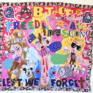 Paul Yore, Art Is Freedom, 2016, mixed media textile, beads, sequins, buttons, marker and acrylic, 113 x 103 cm irreg