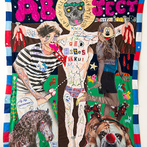 Paul Yore, Art is God, 2017, mixed media textile, sequins, beads and marker, 110 x 88 cm irreg
