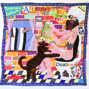Paul Yore, Art Is Hell, 2016, mixed media textile, beads, sequins, buttons and marker, 100 x 100 cm irreg