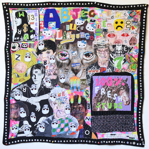 Paul Yore, Art is Language, 2017, mixed media textile, beads, sequins, buttons & Marker, 108 x 106 cm irreg