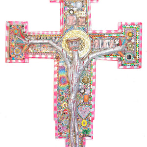Paul Yore, Crown Of Thorns, 2020, mixed media assemblage comprising found objects, toys, resin, wood, jewellery, beads, nails, spray-paint, shells, collage and acrylic 202 x 123 x 20 cm irreg