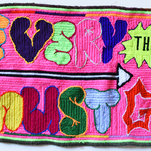 Paul Yore, Everything Must Go, 2016, wool needlepoint, 48 x 32 cm irreg