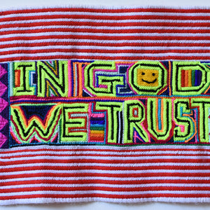 Paul Yore, In God We Trust, 2016, wool needlepoint, 28.5 x 50 cm irreg