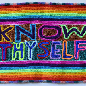 Paul Yore, Know Thyself, 2016, wool needlepoint, 49 x 28 cm irreg