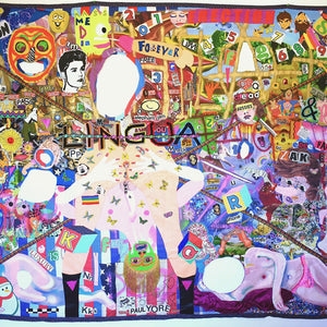 Paul Yore, Mother Tongue, 2017, mixed media textile, beads, buttons, sequins, acrylic, enamel, watercolour and found objects, 348 x 212 cm irreg