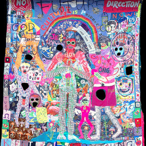 Paul Yore, No Future Direction, 2020, mixed media applique textile comprising found objects, reclaimed fabrics, beads, sequins, quilting thread, buttons, eyelets, fringing, acrylic, spray-paint, pen & marker, 280 x 320 cm