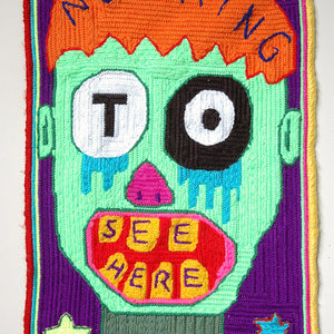 Paul Yore, Nothing To See Here, 2020, wool needlepoint, 45 x 30 cm irreg