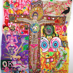 Paul Yore, Sorry, 2017, mixed media textile, beads, sequins, buttons, marker, acrylic, enamel, shells, stuffed toys and found objects, 201 x 227 cm irreg