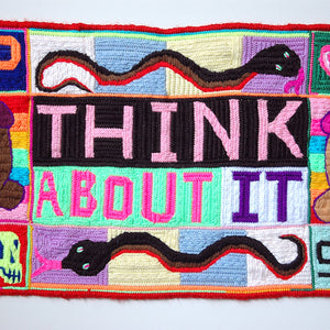Paul Yore, Think About It, 2020, wool needlepoint, 46 x 29 cm irreg