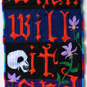 Paul Yore, When will it end, 2016, wool needlepoint, 47 x 28 cm irreg