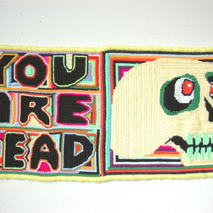 Paul Yore, You Are Dead, 2018, wool needlepoint, 51 x 25 cm irreg