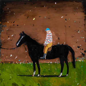 Richard Lewer, Horses don’t like me. My friend Steve encouraged me to confront my fear of horses by riding a blind, deaf, very placid horse while the owner held the lead., 2020, oil on copper, 50 x 50 cm