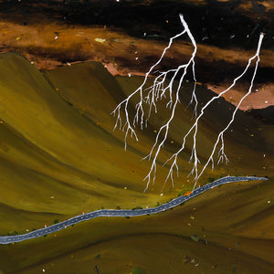 Richard Lewer, Lighting strikes twice. The second time, my family was travelling over the Kaimais to the Mount in our orange Hillman Hunter when bang! Out of nowhere, lightning hit our hub cap and it went flying…, 2020, oil on copper, 80.5 x 140.5 cm