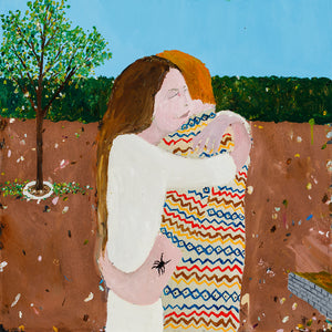 Richard Lewer, Embracing for a final time after breaking up with my girlfriend, a white-tailed spider jumped from nowhere and bit me on the arm… payback, 2020, oil on copper, 50 x 50 cm