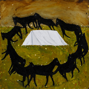 Richard Lewer, I know horses don’t like me. I told my wife that and she didn’t believe me. We were asleep in our tent at Whau Whau and woke to the sound of galloping horses circling the tent. There was no reason for this other than their dislike of me. My wife, an animal person, couldn’t believe it., 2020, oil on brass, 76 x 76 cm