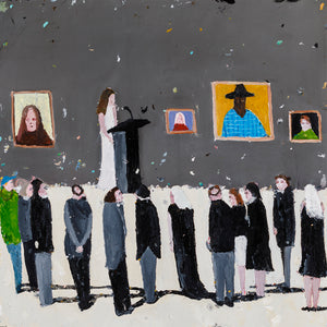 Richard Lewer, I wished I read the invite and knew about the dress code. I wore my green parka to a black tie announcement for a major portrait award. Feeling under-dressed and out of place, I left before the announcement, only to receive a phone call the next morning with the good news that I’d won., 2020, oil on aluminium, 50 x 50 cm