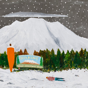 Richard Lewer, My first job after art school was teaching art at Ruapehu College. I celebrated my first day at the Ohakune pub with the locals. In class the next day, my students said ‘Mr Lewer, Mr Lewer, we saw you passed out outside the pub, what were you doing?, 2020, oil on aluminium, 140.5 x 80.5 cm