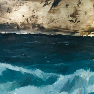 Richard Lewer, Matt and I went surfing at Raglan when the beach was closed due to large swell. After a while, the waves became too much for us, we were exhausted, we stopped paddling and were swept way out the back. The surf rescue helicopter was unable to get to us..., 2020, oil on aluminium, 80.5 x 140.5 cm