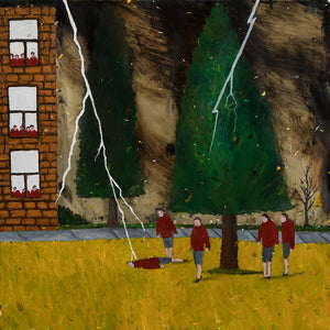 Richard Lewer, In my final year at Hamilton Boys High School, I was staring out the window during my end-of-year maths exam, watching a crazy storm roll past, when I saw lightning strike a group of about twenty boys sheltering from the rain. Eleven were knocked to ground and one had to be resuscitated., 2020, oil on brass, 50 x 50 cm