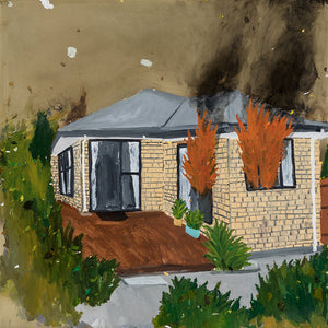 Richard Lewer, I woke one night to the sound of my new flatmate giggling and the smell of smoke. Fire! After the fire was put out, the fireman said it was deliberately lit. ‘You are living with an arsonist.’, 2020, oil on brass, 50 x 50 cm