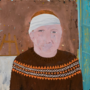 Richard Lewer, After art school my friend Charlotte and I took off on our big OE. Just before we flew out, I had procedure to remove a lump on my ear, and left New Zealand with a large bandage around my head. On the stopover in Abu Dhabi, I removed the bandage, as af..., 2020, oil on copper, 50 x 50 cm