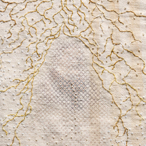 Sera Waters, Storied Sail Cloth #2: Drainage (in progress detail), 2021, Adelaide, various repurposed and hand-dyed threads, string, cotton, found fabrics, felt and beads upon vintage linen/hemp.