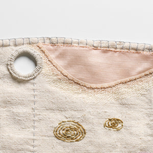 Sera Waters, Storied Sail Cloth #2: Drainage (in progress detail), 2021, Adelaide, various repurposed and hand-dyed threads, string, cotton, found fabrics, felt and beads upon vintage linen/hemp.