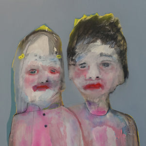 Sally Bourke, Little Miss, Little Mr, 2019, oil and acrylic on canvas mounted on wood panel in found frame, 82 x 82 cm