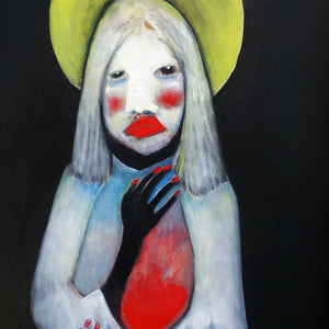 Sally Bourke, Never Found God, 2019, oil on canvas mounted on wood panel in found frame, 54 x 44 cm
