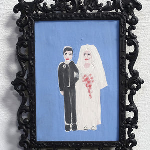Sally Bourke, The Beloved, 2019, underglaze on bisque fired porcelain in found frame, 20 x 14 cm approx