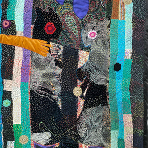 Sally Bourke, Tempest Quilt (detail), 2016-22, The artist’s family’s clothing, metallic thread, sequins, bead work and satin, 218 x 228 cm