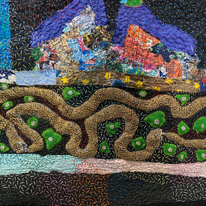 Sally Bourke, Tempest Quilt (detail), 2016-22, The artist’s family’s clothing, metallic thread, sequins, bead work and satin, 218 x 228 cm