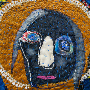 Sally Bourke, Tempest Quilt (detail), 2016-22, The artist’s family’s clothing, metallic thread, sequins, bead work and satin, 218 x 228 cm