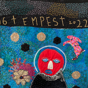 Sally Bourke, Tempest Quilt (detail), 2016-22, The artist’s family’s clothing, metallic thread, sequins, bead work and satin, 218 x 228 cm