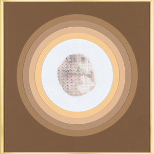Sera Waters, Milk Moustache, 2019, linen, cotton, beads in found Semco frame, 39 x 38 cm