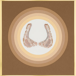 Sera Waters, Mutton Chops, 2019, linen, cotton, beads in found Semco frame, 39 x 38 cm