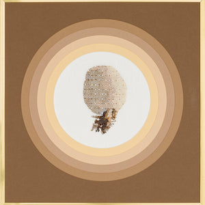 Sera Waters, Potato People #1, 2019, linen, cotton, beads in found Semco frame, 39 x 38 cm