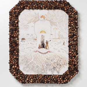 Sera Waters, Suckers: Coat of (lopped) Arms, 2021, found gumnuts, repurposed vintage linen, various threads, 133 x 105 x 7 cm