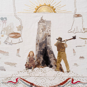 Sera Waters, Suckers: Coat of (lopped) Arms, 2021, found gumnuts, repurposed vintage linen, various threads, 133 x 105 x 7 cm