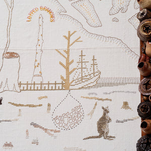 Sera Waters, Suckers: Coat of (lopped) Arms, 2021, found gumnuts, repurposed vintage linen, various threads, 133 x 105 x 7 cm