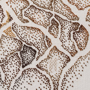Sera Waters, Suckers: Coat of (lopped) Arms, 2021, found gumnuts, repurposed vintage linen, various threads, 133 x 105 x 7 cm
