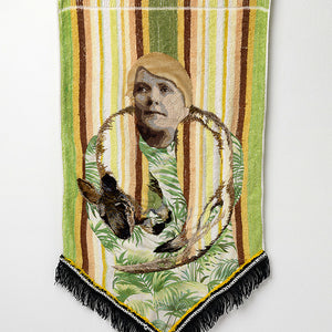 Sera Waters, Telling tales on Terry Towelling: Fashioning Locals, 2017, Towel, wool, cotton, velvet, trim and bedsheet, 95 x 46 cm