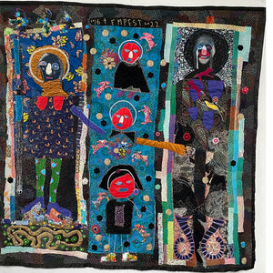 Sally Bourke, Tempest Quilt, 2016-22, The artist’s family’s clothing, metallic thread, sequins, bead work and satin, 218 x 228 cm