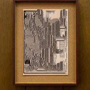 Tony Garifalakis, Untitled, 2018-19, from ‘Garage Romance’, unique inkjet print on Ilford smooth cotton paper, corkboard, and hand-stained Tasmanian oak, 46 x 35 x 4 cm