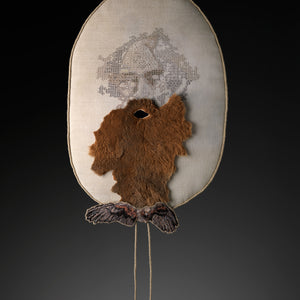 Ware and Tear, 2015, linen, cotton, kangaroo pelt, crewel, rope, velvet, leather, 82 x 40 cm