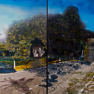 William Mackinnon, I could tell you about the river or we could just get in, 2015, oil, acrylic and automotive enamel on synthetic canvas, two panels, 200 x 180 cm each