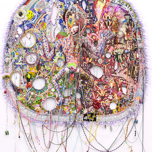 Paul Yore, It’s All Your Fault Mum, 2016, mixed media textile, beads, sequins, buttons, acrylic and found objects, 230 x 176 cm irreg