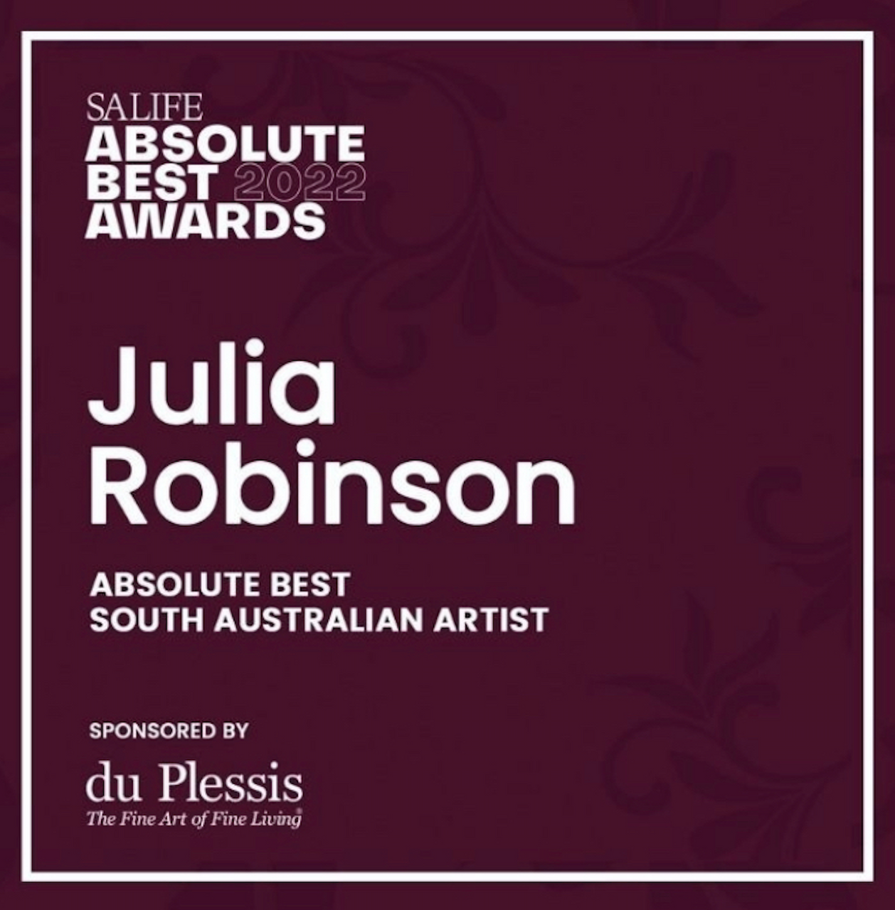 Julia Robinson announced as winner of the 'Absolute Best South Australian Artist Award' for SA Life